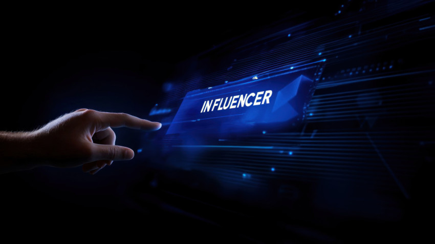 Hand pointing at a digital screen with influencer text against a dark blue background