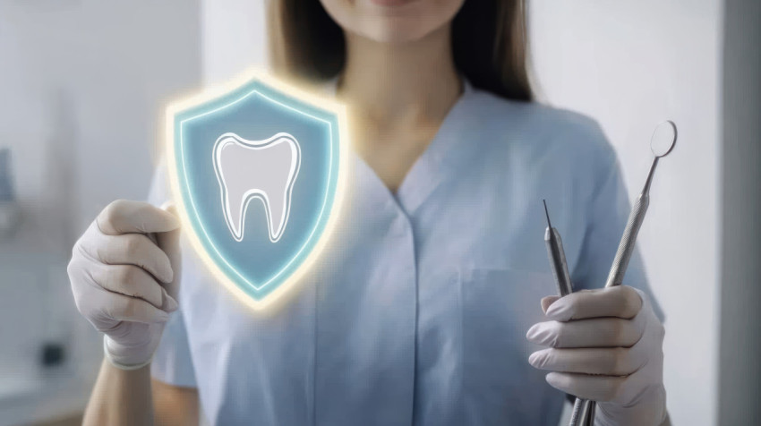 Female dentist holds dental tools in one hand and an illuminated shield with a tooth symbol