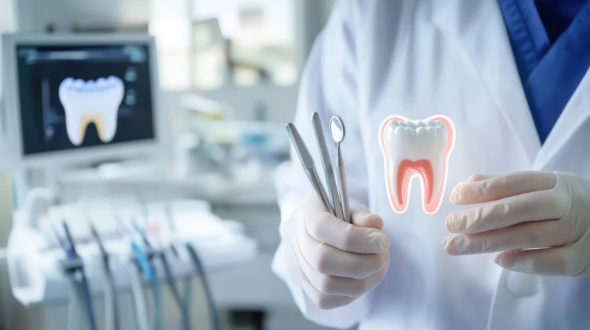 Dentist holds dental tools and a tooth model in their hands