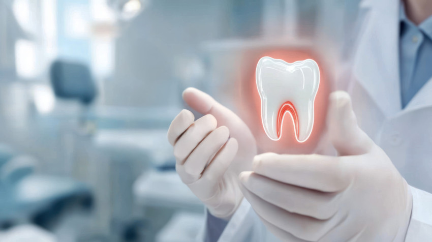 Dental professional holds a tooth and dental tools in their hand with a digital animation style and a holographic teeth icon