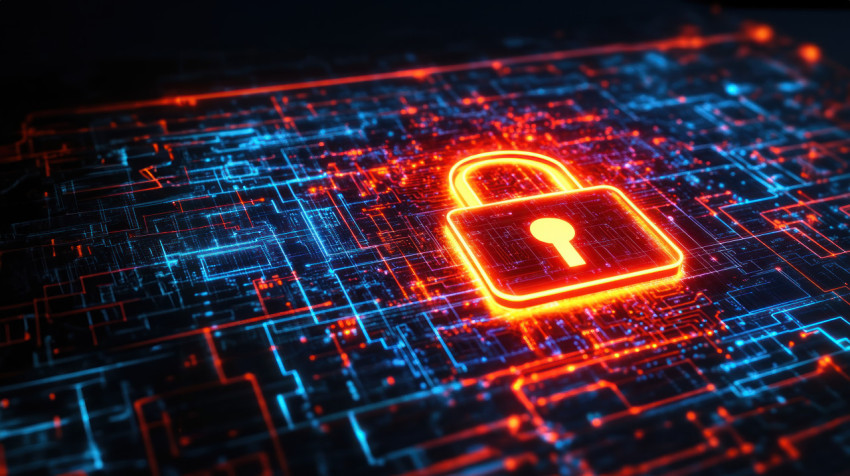 Illuminated lock icon on circuit board patterns