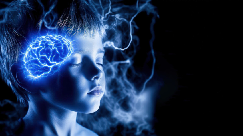 A young boy with eyes closed emits blue lightning from his brain area against a dark background