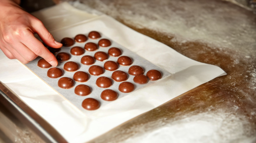 Person using a board to collect chocolate round shapes