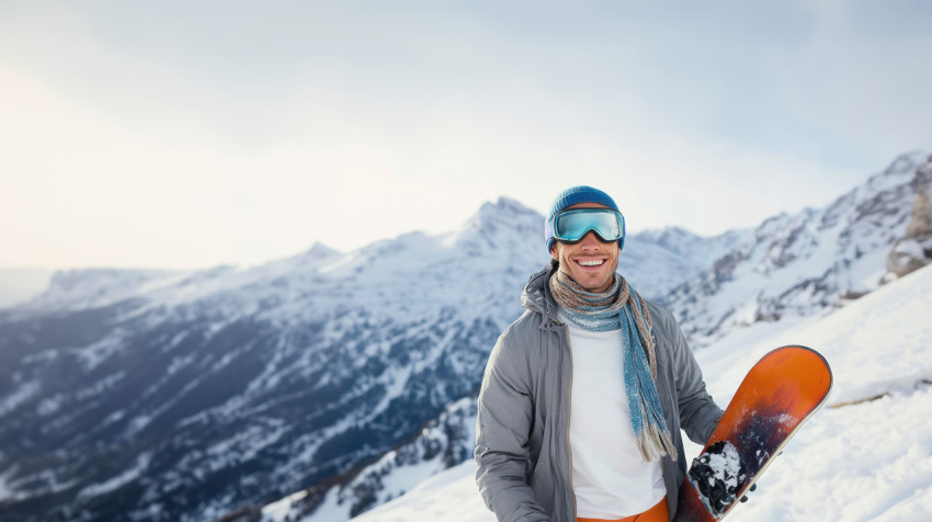 A smiling man wearing ski goggles and a scarf holds a snowboard