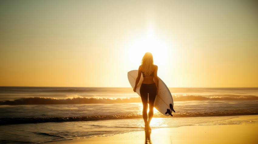 A woman holds a surfboard on the beach