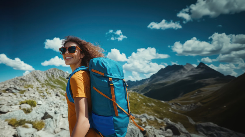 A happy woman wearing sunglasses and hiking while carrying a blue backpack