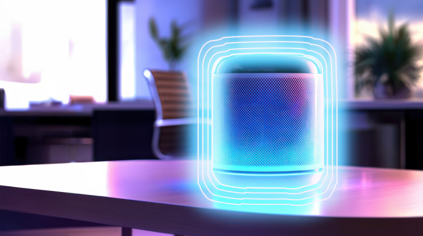 Voice controlled assistant with blue LED lights glowing on a table in a room