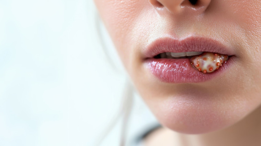 A man lips with pink and red sores against a white background skin problem idea