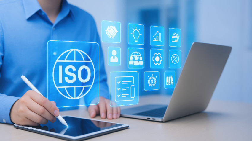Businesswoman using tablet with ISO certification icons Businesswoman using tablet with ISO certification icons