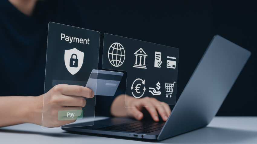 Person confirming secure credit card payment on screen with tick symbol Person confirming secure credit card payment on screen with tick symbol