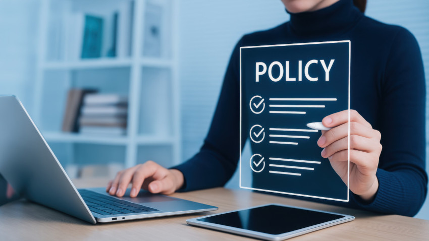 Businesswoman reviewing policy document with checklist and certification icons Businesswoman reviewing policy document with checklist and certification icons