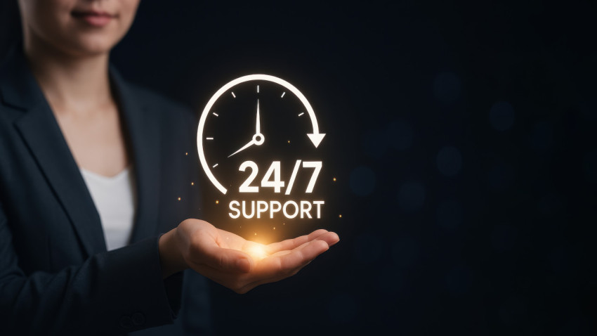Businesswoman presenting glowing 24/7 support icon Businesswoman presenting glowing 24/7 support icon