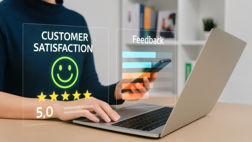Person using laptop with stars and feedback icons Person using laptop with stars and feedback icons
