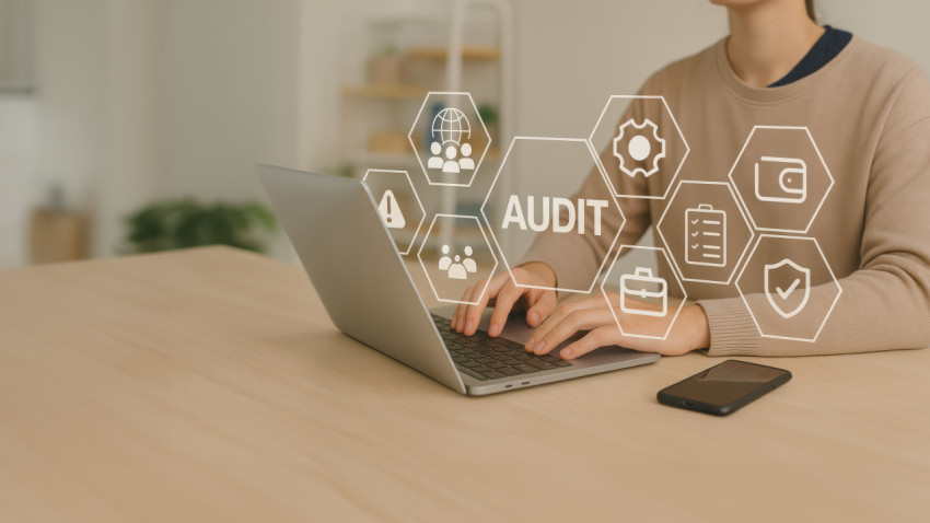 Business professional on laptop with audit and compliance icons Business professional on laptop with audit and compliance icons