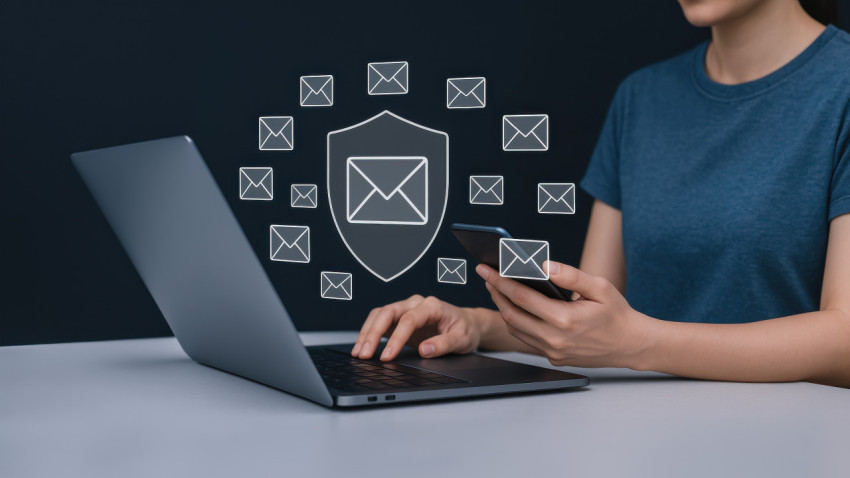 Woman using laptop and phone with shield and email icons Woman using laptop and phone with shield and email icons