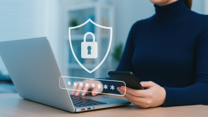 Woman using laptop with shield Woman using laptop with shield