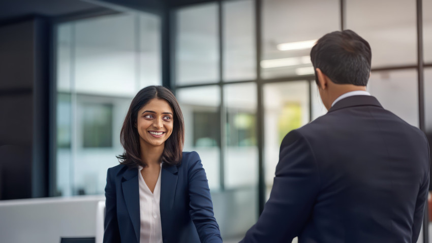 Indian businesswoman shaking hands with a male director in a office banking and finance theme