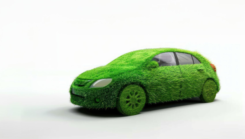 3D green grass covered car isolated on white background