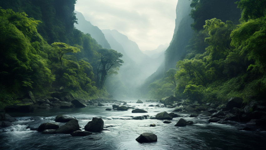 a river runs through some green mountains, nature, landscapes