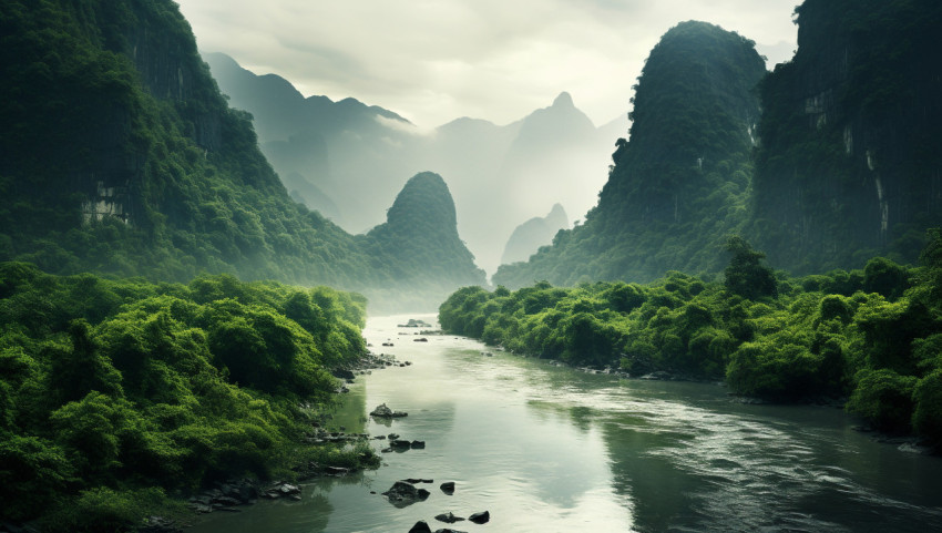 a river runs through some green mountains, nature, landscapes