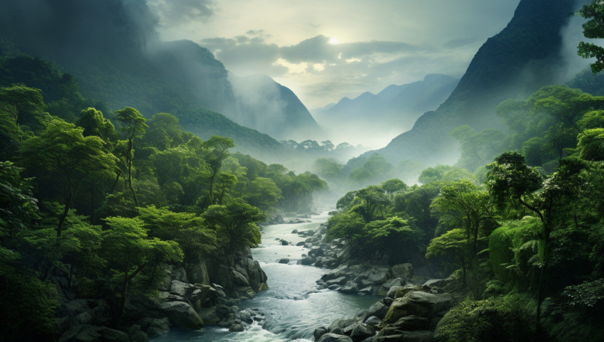 a river runs through some green mountains, nature, landscapes