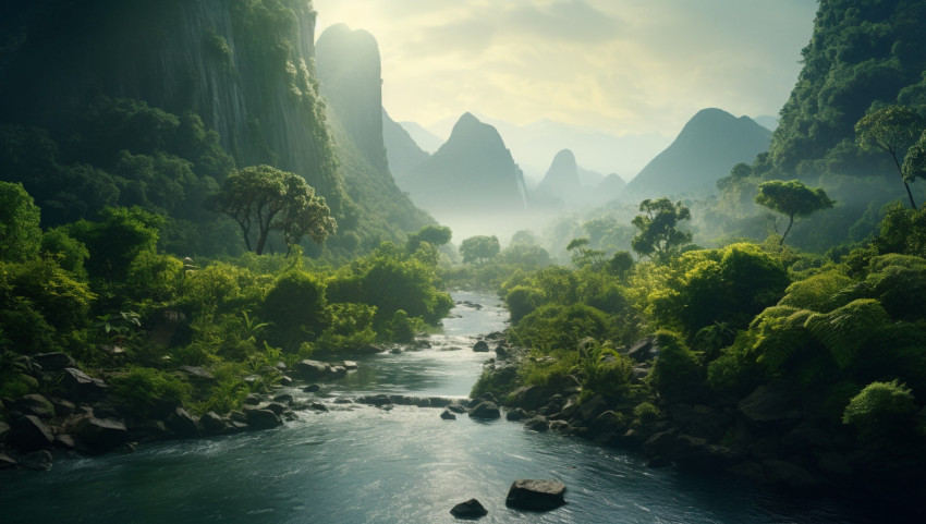 a river runs through some green mountains, nature, landscapes