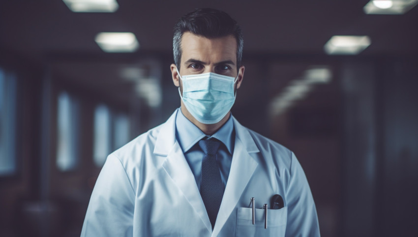 Doctor in medical clothing and blue mask standing, Health and Medical stock image