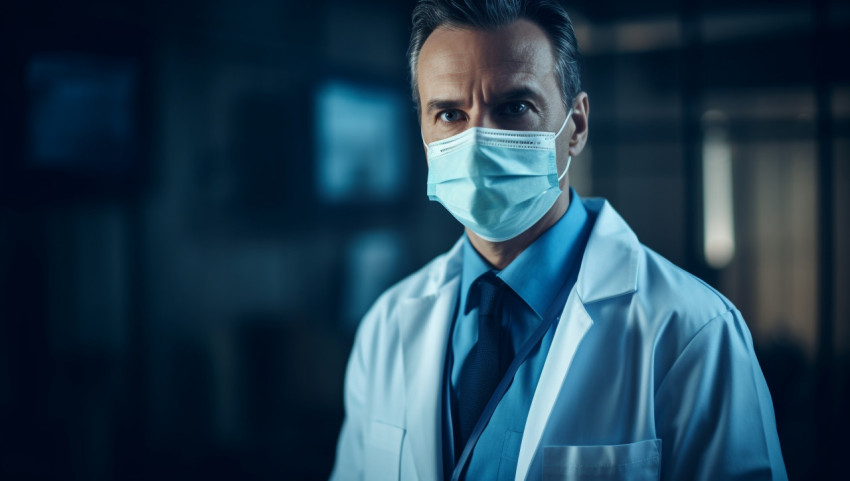 Doctor in medical clothing and blue mask standing, Health and Medical stock image