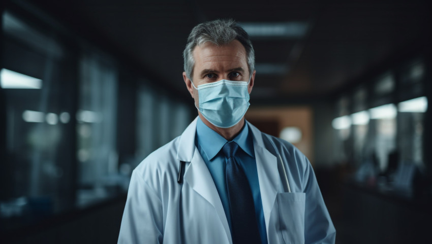 Doctor in medical clothing and blue mask standing, Health and Medical stock image