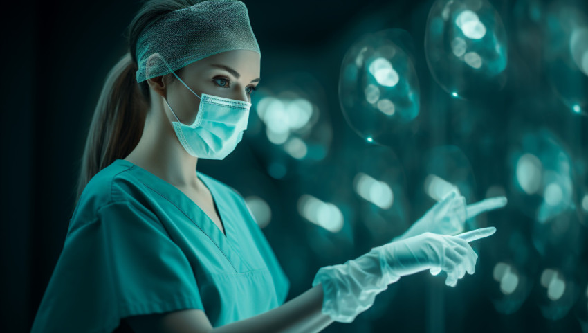 Female surgeon in scrubs and mask is touching digital icons or icons from social media, Health and Medical stock image