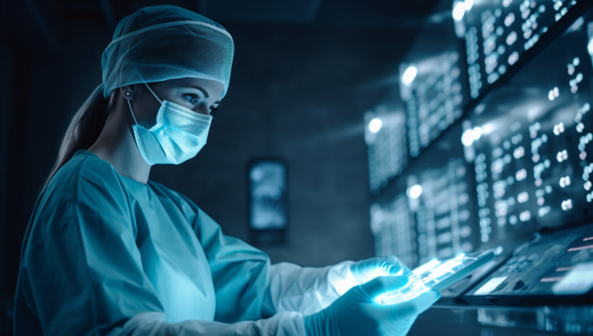 Female surgeon in scrubs and mask is touching digital icons or icons from social media, Health and Medical stock image