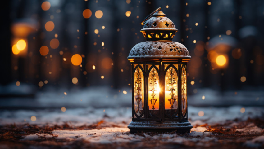 Illuminated lantern surrounded by glistening snow