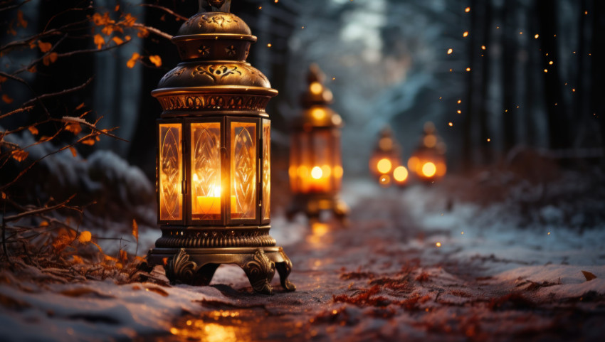 Enchanting snowy scene with a softly lit lantern