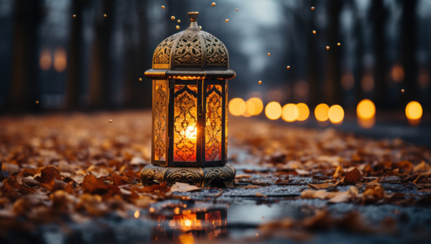 A glowing lantern creating a magical ambiance in the snowy night