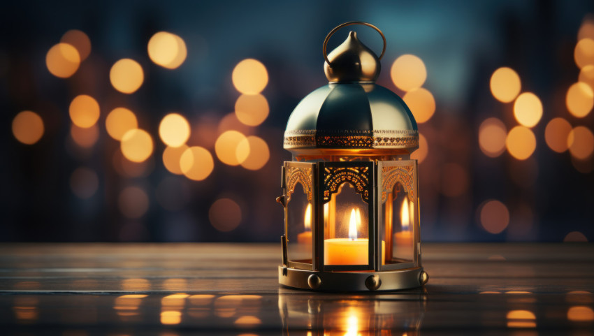 A gleaming golden lantern and candle casting warmth