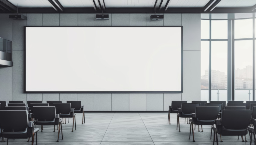 An empty commercial billboard stands in a conference room