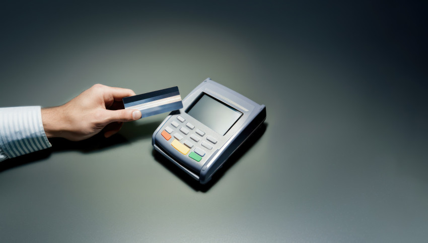 Hand holding a credit card near an electronic payment terminal ATM service concept