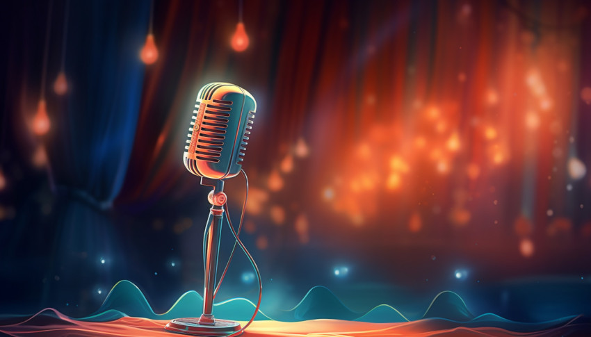 a microphone with blurred lights sits in front of an oldstyled s