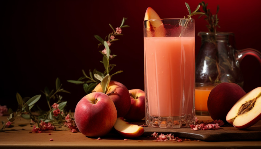 A photo of a Peach juice, beverage advertisement photography inspiration