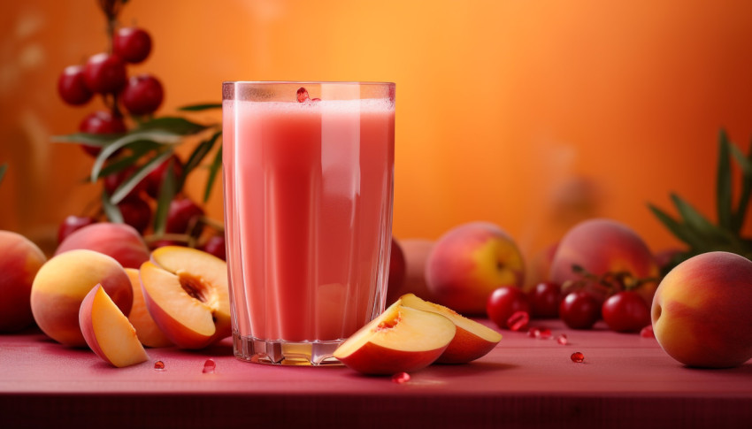 A photo of a Peach juice, beverage advertisement photography inspiration