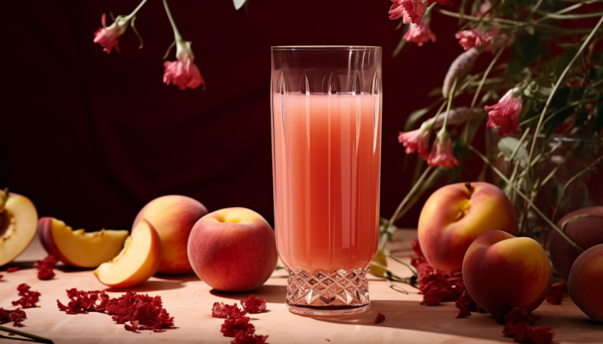 A photo of a Peach juice, beverage advertisement photography inspiration