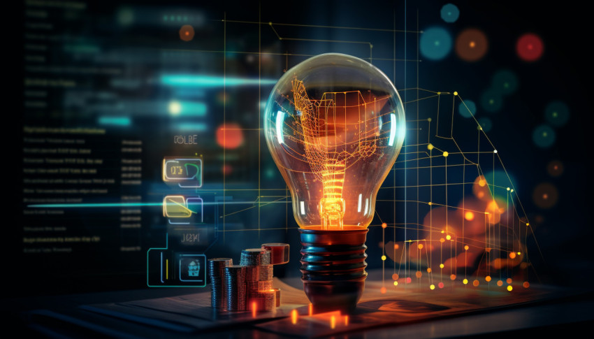 A photo of a digital marketing data analysis inside a glowing light bulb, finance stock photo