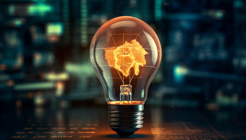 A photo of a digital marketing data analysis inside a glowing light bulb, finance stock photo