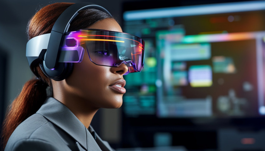 A photo of a woman using digital AR augmented reality glasses headset at the office, finance stock photo