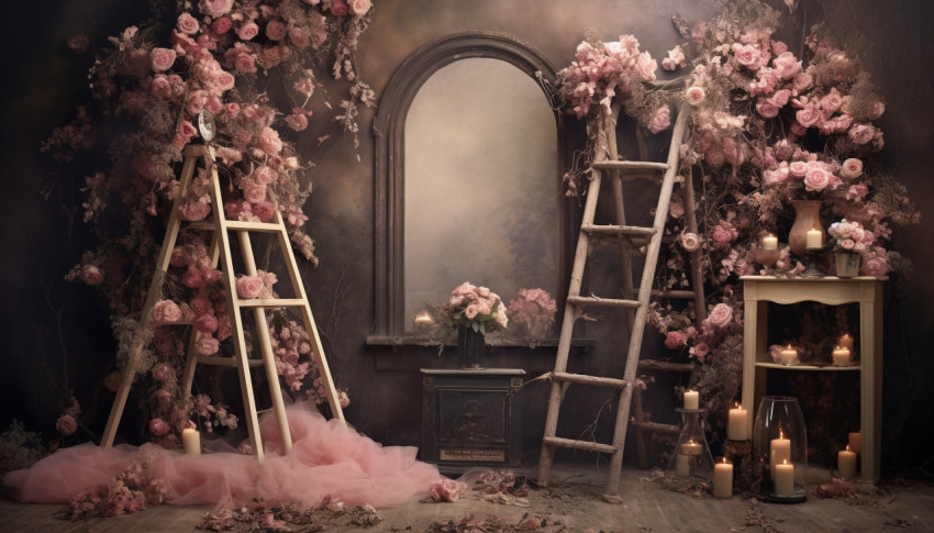 An empty black ladder with a vase of flowers in between, free ai prompts and images floral photo backdrops