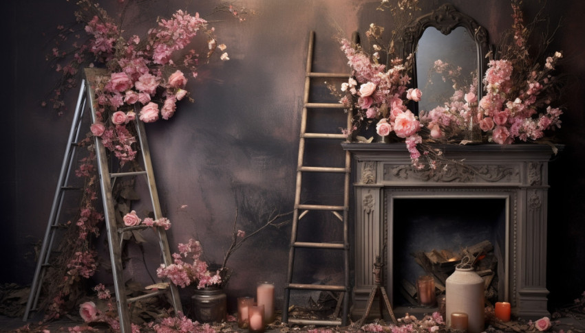 An empty black ladder with a vase of flowers in between, free ai prompts and images floral photo backdrops