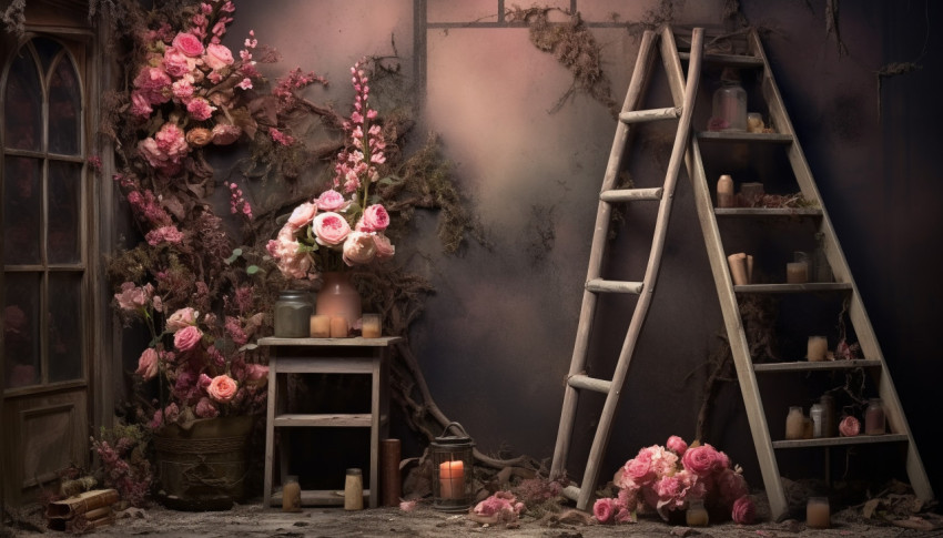 An empty black ladder with a vase of flowers in between, free ai prompts and images floral photo backdrops