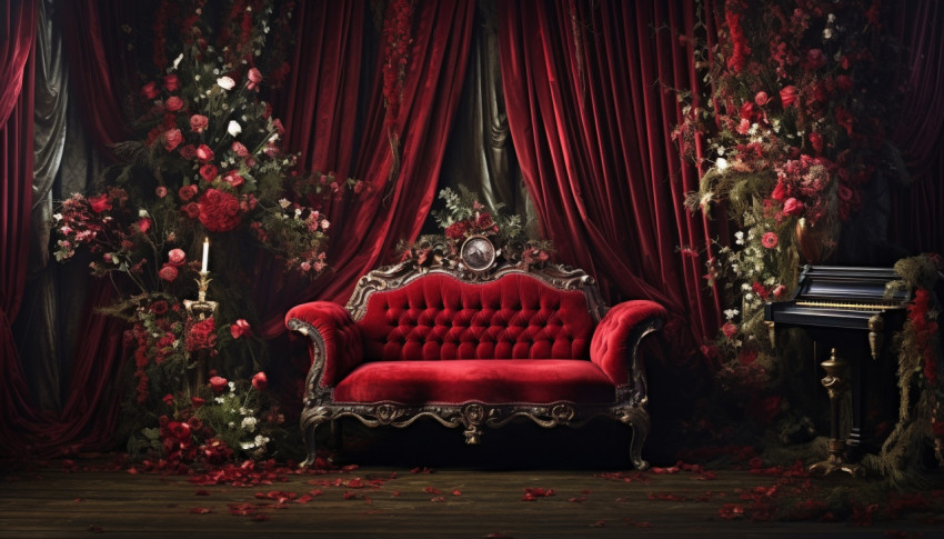 The stage on stage on red red curtains digital art, free ai prompts and images floral photo backdrops