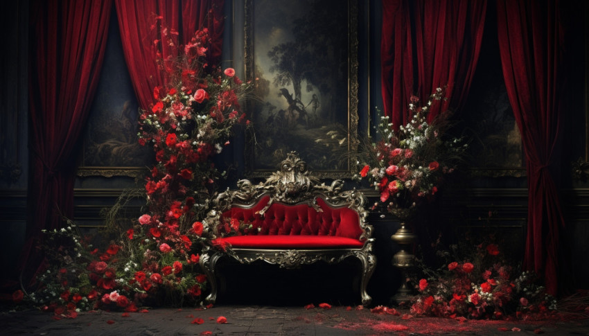 The stage on stage on red red curtains digital art, free ai prompts and images floral photo backdrops