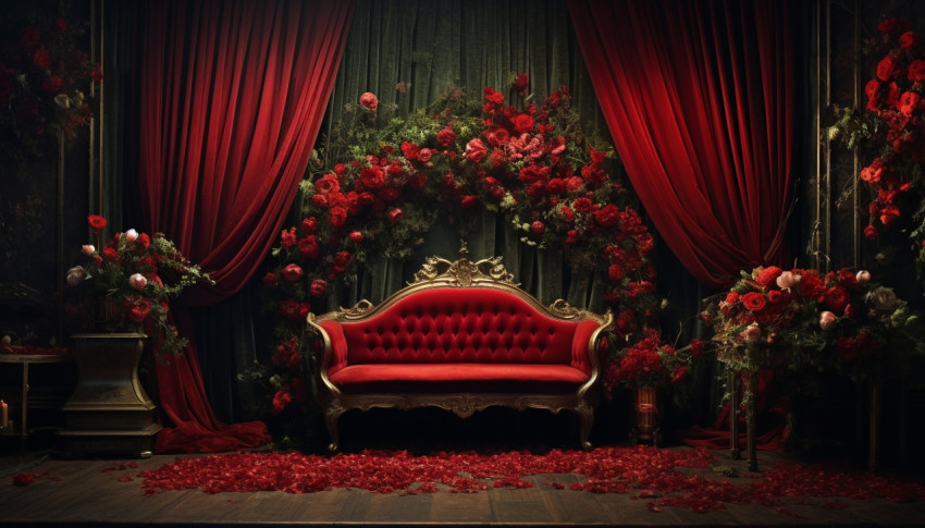 The stage on stage on red red curtains digital art, free ai prompts and images floral photo backdrops